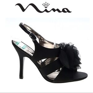 Nina New York Black Floral Slingback Sandals Heels Going Out Bridesmaid Shoes